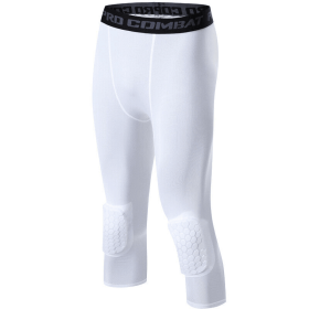 Men's Basketball Sports Tight Pants 3/4 Compression Workout Leggings Knee Pads (Legging Size: S, Legging Color: White)