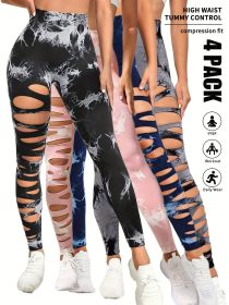 4 Pack Tie-dye Workout Leggings For Women HighWaist Seamless Scrunch Butt Lifting Gym Yoga Pants Elastic Pants (Color: 4PACK3, size: L)