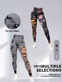 2 Pack Hollow Sexy High Elastic Women's Tie Dye Cutout Tights High Waist Workout Yoga Leggings, Scrunch Butt Lifting Elastic Pants (Color: 2PACK2, size: M)