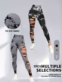 2 Pack Hollow Sexy High Elastic Women's Tie Dye Cutout Tights High Waist Workout Yoga Leggings, Scrunch Butt Lifting Elastic Pants (Color: 2PACK4, size: S)