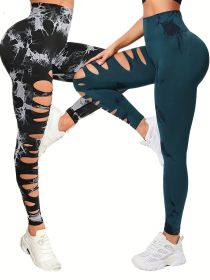 2 Pack Hollow Sexy High Elastic Women's Tie Dye Cutout Tights High Waist Workout Yoga Leggings, Scrunch Butt Lifting Elastic Pants (Color: 2PACK12, size: S)