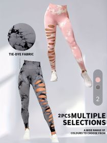 2 Pack Hollow Sexy High Elastic Women's Tie Dye Cutout Tights High Waist Workout Yoga Leggings, Scrunch Butt Lifting Elastic Pants (Color: 2PACK5, size: L)