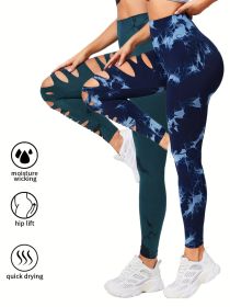2 Pack Hollow Sexy High Elastic Women's Tie Dye Cutout Tights High Waist Workout Yoga Leggings, Scrunch Butt Lifting Elastic Pants (Color: 2PACK7, size: L)