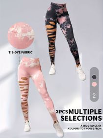 2 Pack Hollow Sexy High Elastic Women's Tie Dye Cutout Tights High Waist Workout Yoga Leggings, Scrunch Butt Lifting Elastic Pants (Color: 2PACK3, size: L)