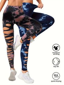 2 Pack Hollow Sexy High Elastic Women's Tie Dye Cutout Tights High Waist Workout Yoga Leggings, Scrunch Butt Lifting Elastic Pants (Color: 2PACK10, size: M)
