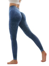 Women's Hollow Wide Band Waist Sports Leggings With Butt Ruching, Scrunch Butt Lifting Tights Seamless Yoga Tummy Control Pants (Color: Blue, size: M)