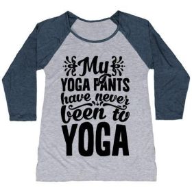MY YOGA PANTS HAVE NEVER BEEN TO YOGA WOMEN'S TRI-BLEND BASEBALL TEE (Size-Color: medium-Athletic Gray / Navy, Style: Women's Tri-Blend Baseball Tee)